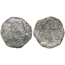 Cartagena, Colombia, cob 8 reales, (16)22A, mintmark RN, pomegranate under escutcheon, very rare, Gr