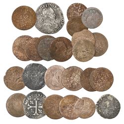 Lot of 25 French minors, including a 1575 silver teston of Henry III and 24 copper/billon liards, do