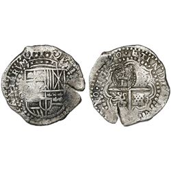 Potosi, Bolivia, cob 8 reales, 1650O, with crowned-L countermark on cross.