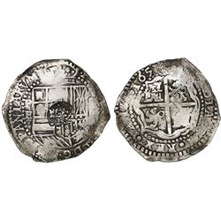 Potosi, Bolivia, cob 8 reales, 1651E, with crowned-dot-F-dot countermark (4 dots) on shield.