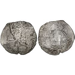 Potosi, Bolivia, cob 8 reales, 1652E post-transitional (Transitional Type VIII/B), 1-PH-6 at top.