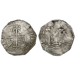 Potosi, Bolivia, cob 8 reales, 1653E, (PH) at top.