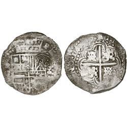 Potosi, Bolivia, cob 8 reales, 16(4)9O, with crowned-dot-F-dot countermark (2 dots) on shield.