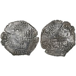 Potosi, Bolivia, cob 8 reales, 1650O, early-style date, with crowned-(?) countermark on cross.