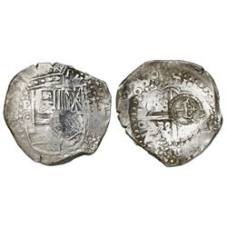 Potosi, Bolivia, cob 8 reales, (1)650O, early-style date, with crowned-L countermark on cross.