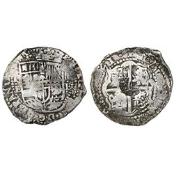 Potosi, Bolivia, cob 8 reales, (16)51E, with crowned-L countermark on cross.