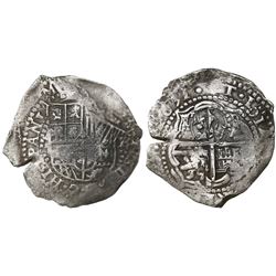 Potosi, Bolivia, cob 8 reales, 1651E, with crowned-L countermark on cross.