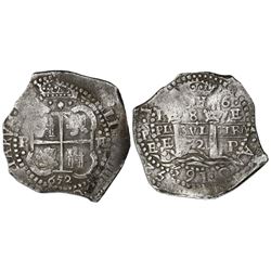 Potosi, Bolivia, cob 8 reales, 1652E post-transitional (Transitional Type VIII/B), 1-PH-6 at top.