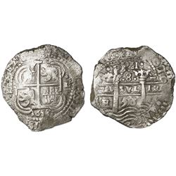 Potosi, Bolivia, cob 8 reales, 1653E, dot-PH-dot at top, four-digit date below cross.