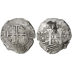 Potosi, Bolivia, cob 8 reales, 1653E, dot-PH-dot at top.