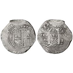 Potosi, Bolivia, cob 8 reales, 1653E, dot-PH-dot at top.