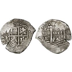 Potosi, Bolivia, cob 8 reales, 1654E, dot-PH-dot at top.
