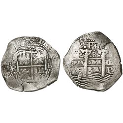 Potosi, Bolivia, cob 8 reales, 1654E, dot-PH-dot at top.