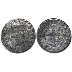 Seville, Spain, milled 2 reales  pistareen,  Philip V, 1724J, rare provenance.