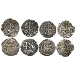 Lot of four Mexico City, Mexico, cob 1/2R, Philip II, assayer O, different varieties.
