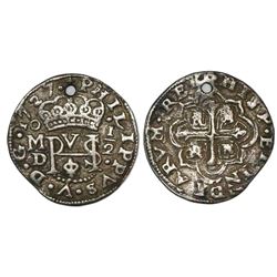 Mexico City, Mexico, cob 1/2 real Royal, 1727/5D, Philip V, rare.