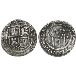 Lima, Peru, 4 reales, Philip II, assayer R (Rincon) to left, second denomination o-iiii to right, mo