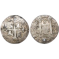 Lima, Peru, cob 8 reales Royal, 1709/8M, very rare.
