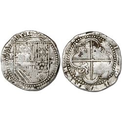 Potosi, Bolivia, cob 8 reales, Philip II, assayer B (2nd period).