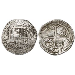 Potosi, Bolivia, cob 8 reales, Philip II, assayer B (3rd period, late style).