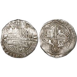 Potosi, Bolivia, cob 8 reales, Philip II, assayer B (3rd period, late style), border of boxes on rev