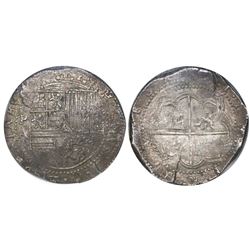 Potosi, Bolivia, cob 8 reales, Philip II, assayer A, encapsulated NGC AU 58.