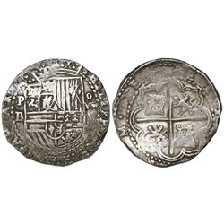 Potosi, Bolivia, cob 8 reales, Philip II, assayer B (4th period).