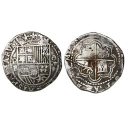 Potosi, Bolivia, cob 8 reales, Philip II, assayer B (5th period), border of x's on obverse and borde