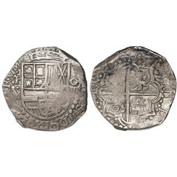 Potosi, Bolivia, cob 8 reales, Philip III, assayer M, lions and castles transposed in shield.
