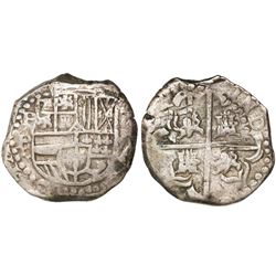 Potosi, Bolivia, cob 8 reales, Philip IV, assayer P (mid-1620s), quadrants of cross transposed.