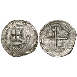 Potosi, Bolivia, cob 4 reales, Philip II, assayer C below erasure, very rare.