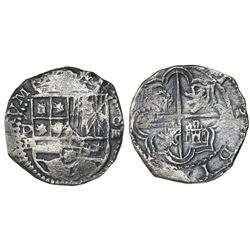 Potosi, Bolivia, cob 4 reales, Philip II, assayer B (5th period), border of x's on reverse only.