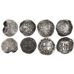 Lot of four Potosi, Bolivia, cob 4 reales, Philip II and III, assayers B, Q and not visible.