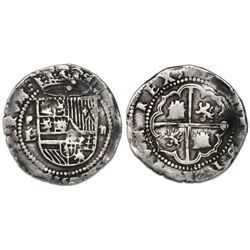 Potosi, Bolivia cob 2 reales, Philip II, assayer L (1st period), with L/M below mintmark P to left,