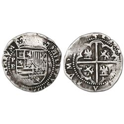 Potosi, Bolivia, cob 2 reales, Philip II, assayer B (1st period, "Lima style").