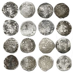 Lot of eight Potosi, Bolivia, cob 2 reales, Philip II, assayers B (4th and 5th periods), A/B, A and
