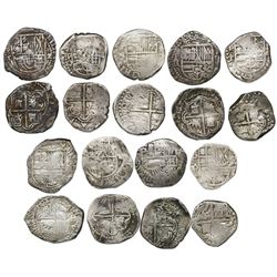 Lot of nine Potosi, Bolivia, cob 2 reales of Philip III and IV, assayers R (curved leg), Q, M, T and