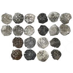Lot of ten Potosi, Bolivia, cob 2 reales of Charles II, all dated, as follows: 1669E, 1679C, 1679V,