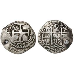 Potosi, Bolivia, cob 2 reales, 1732YA, rare.