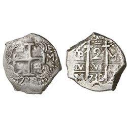 Potosi, Bolivia, cob 2 reales, 1738/7M, unique.