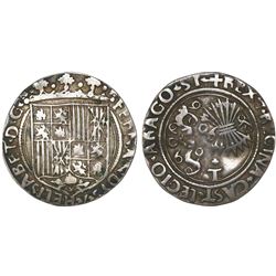 Toledo, Spain, 1 real, Ferdinand-Isabel, no assayer, mintmark +T on reverse.