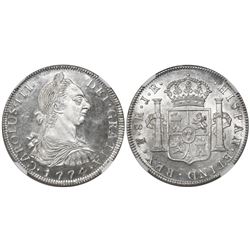 Potosi, Bolivia, bust 8 reales, Charles III, 1774JR, encapsulated NGC MS 64 PL (unique as PL).
