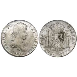 Potosi, Bolivia, bust 8 reales, Ferdinand VII, 1818PJ, encapsulated ICG EF40 details / obverse scrat