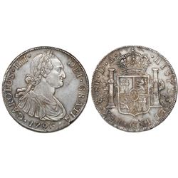 Santiago, Chile, bust 8 reales, Charles IV, 1796DA, rare "CRAROLVS" variety with C/R in king's name.