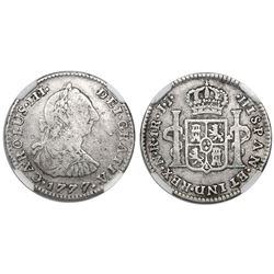 Bogota, Colombia, bust 1 real, Charles III, 1777JJ, variety with dots in mintmark and assayer, encap