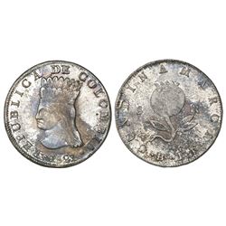 Bogota, Colombia, 8 reales, 1821JF, with mintmark Ba, dot below and to right.