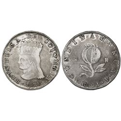 Bogota, Colombia, 8 reales, 1821JF, with mintmark Ba, dot directly below.