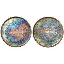 Bogota, Colombia, 2 reales, 1851, encapsulated NGC MS 62*, finest known in NGC census.
