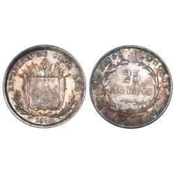 Costa Rica, 25 centavos, 1886GW, "9DS GW" variety, encapsulated NGC AU 53.