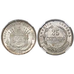 Costa Rica (struck in Birmingham), 25 centavos, 1893-HEATON BIRMM, coin alignment, encapsulated NGC